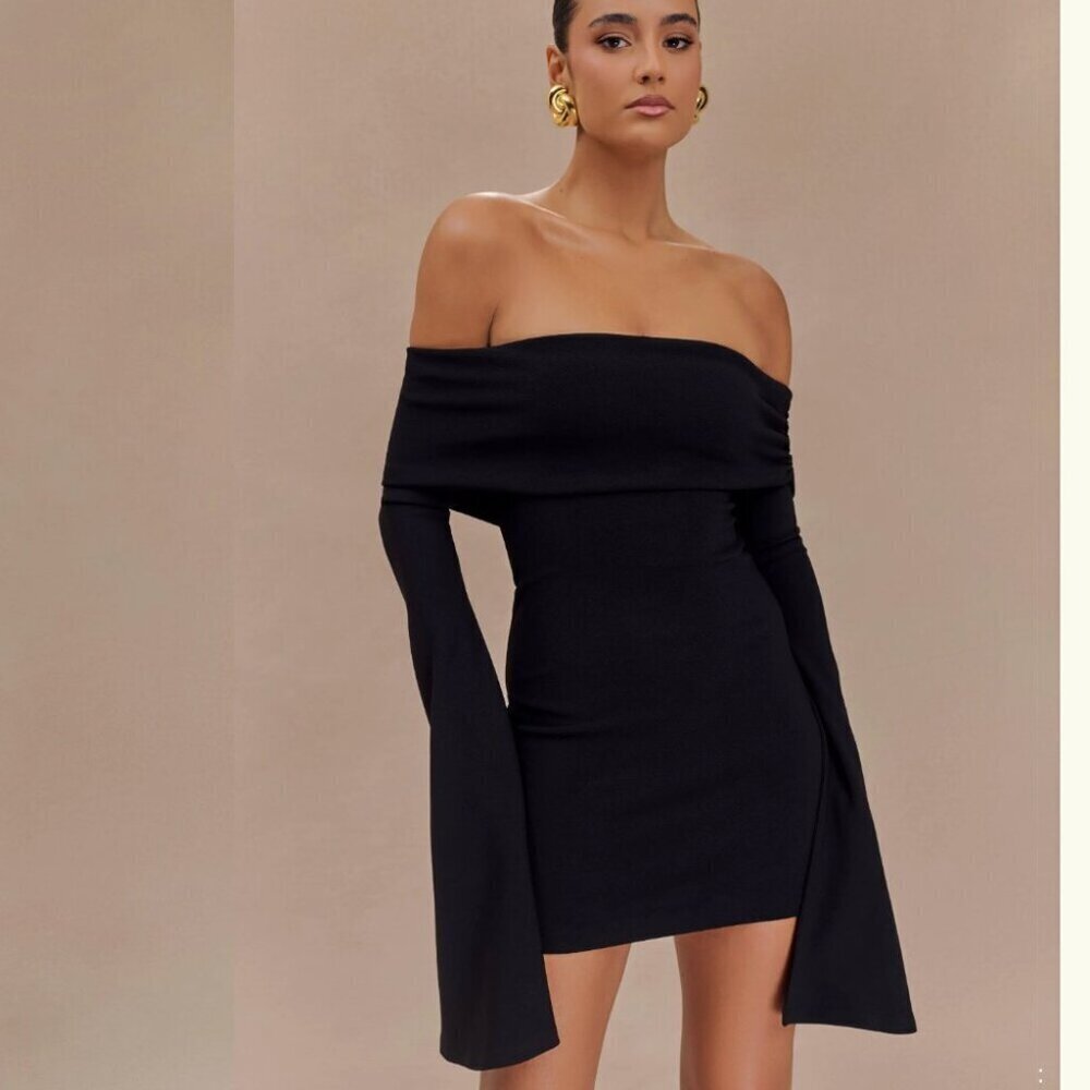 Meshki Dominique Off Shoulder Long Sleeve Mini Dress NWT Black Size Small
